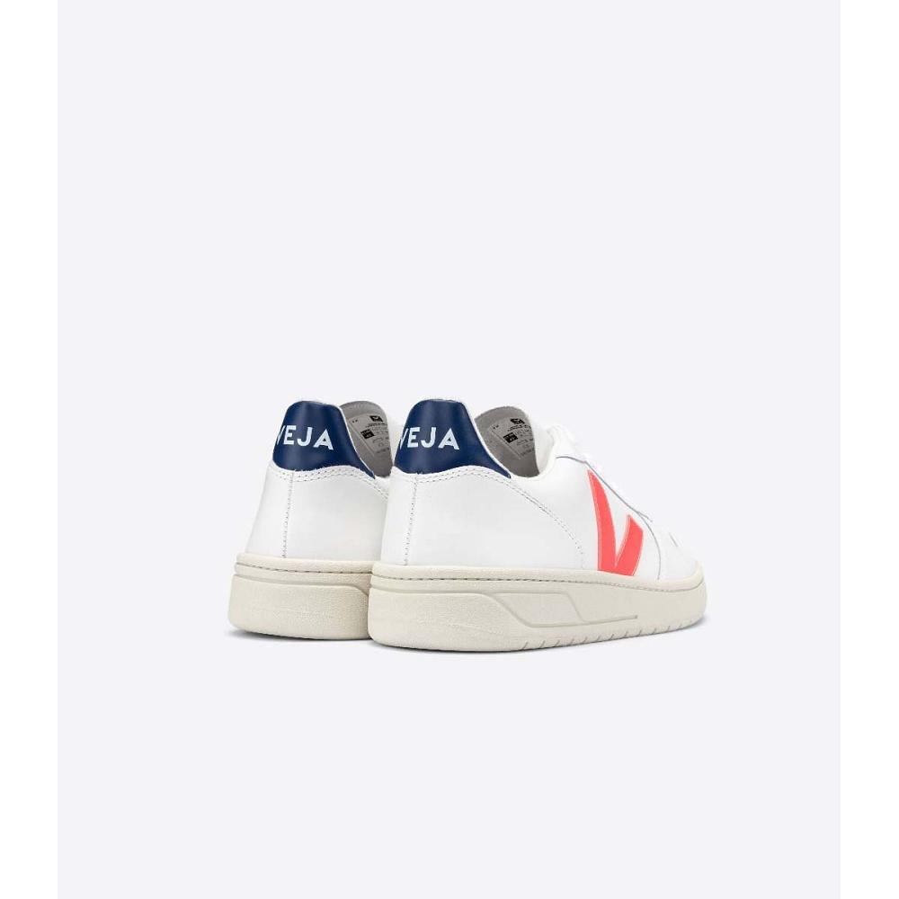 Veja V-10 LEATHER Sneakers Dames White/Orange/Blue | BE 646JPQ